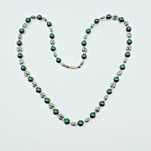 Green Necklace St Patricks Day Round Bead w/ Silver Oval Beads Costume Jewelry